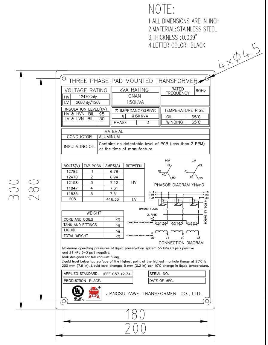 Placa de datos de un transformador tipo pad-mounted con grupo vectorial, relación de tensión e impedancia de cortocircuito.