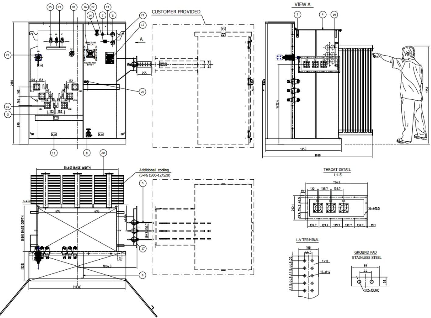 Plano dimensional de transformador tipo pad-mounted con layout de terminales, entrada de cables y base de concreto.